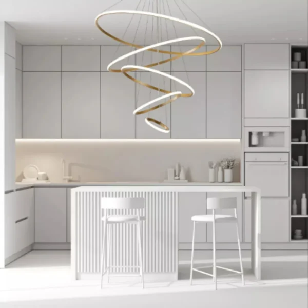 Lustre Pendente Moderno LP-405D 5 Anéis Cor Dourado Luz Branca Calido 4000 K