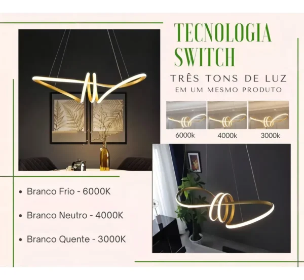 Lustre Pendente Moderno Dourado Twist the loop 60w Cabo 2m Luz 3/1 - Imagem 3