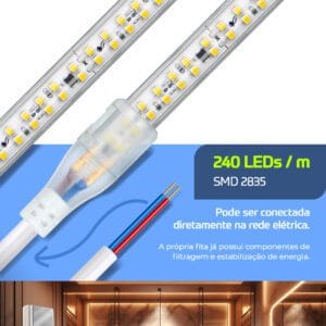 Fita Direct | 24W/m | 240 LEDs/m SMD | IP65 | Tensão de Rede 10 metros