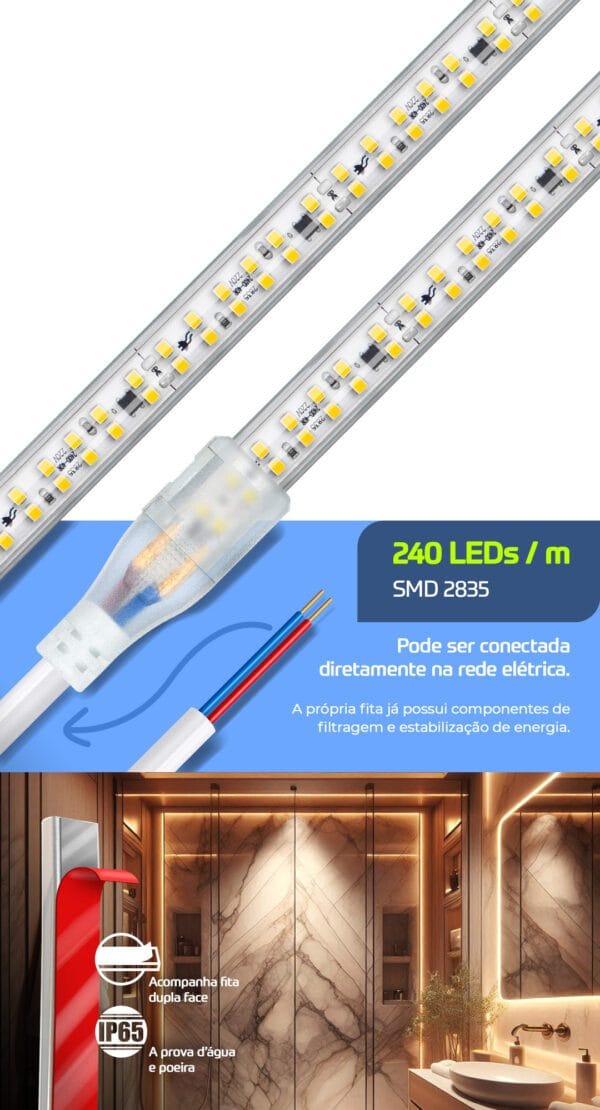 Fita Direct | 24W/m | 240 LEDs/m SMD | IP65 | Tensão de Rede 10 metros